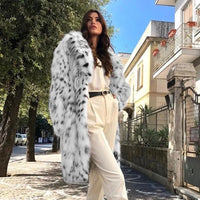 Snow Leopard Style Faux Fur Coat - Festigal