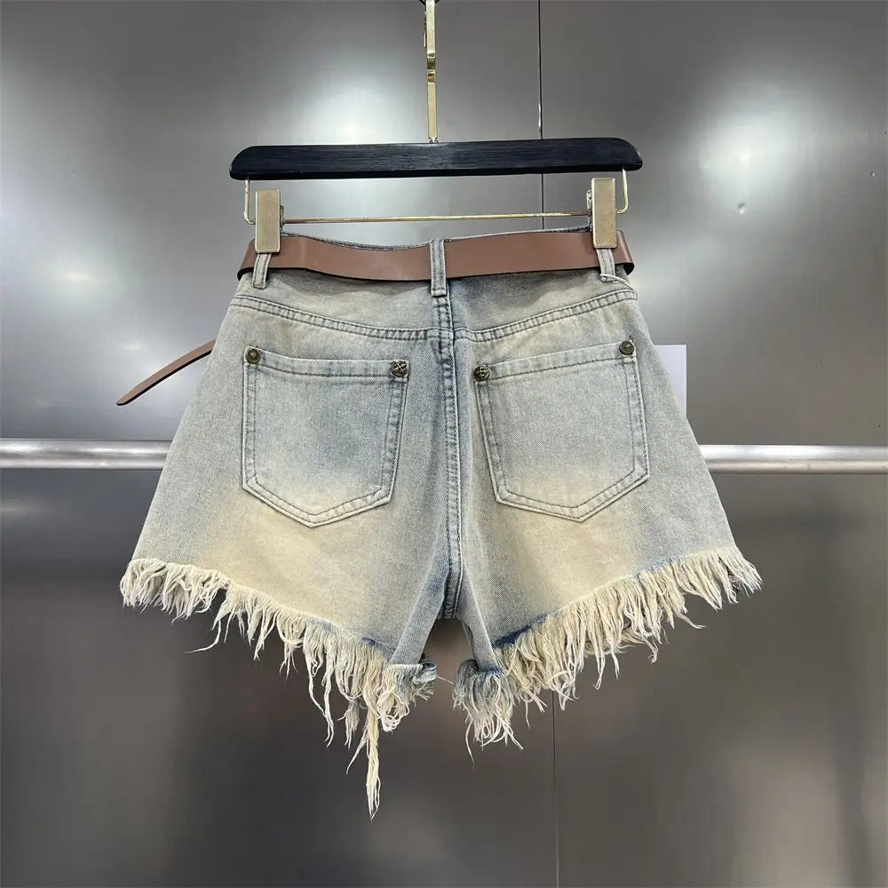 Denim Distressed Tassel Shorts