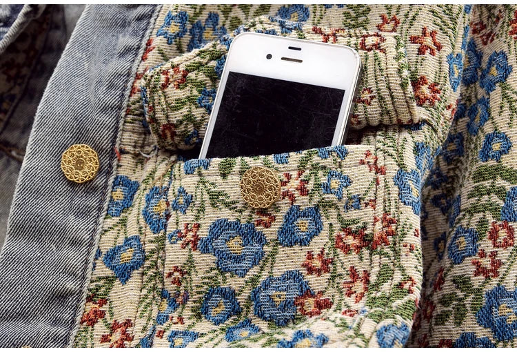 Oversized Collar Floral Denim Jacket - Festigal