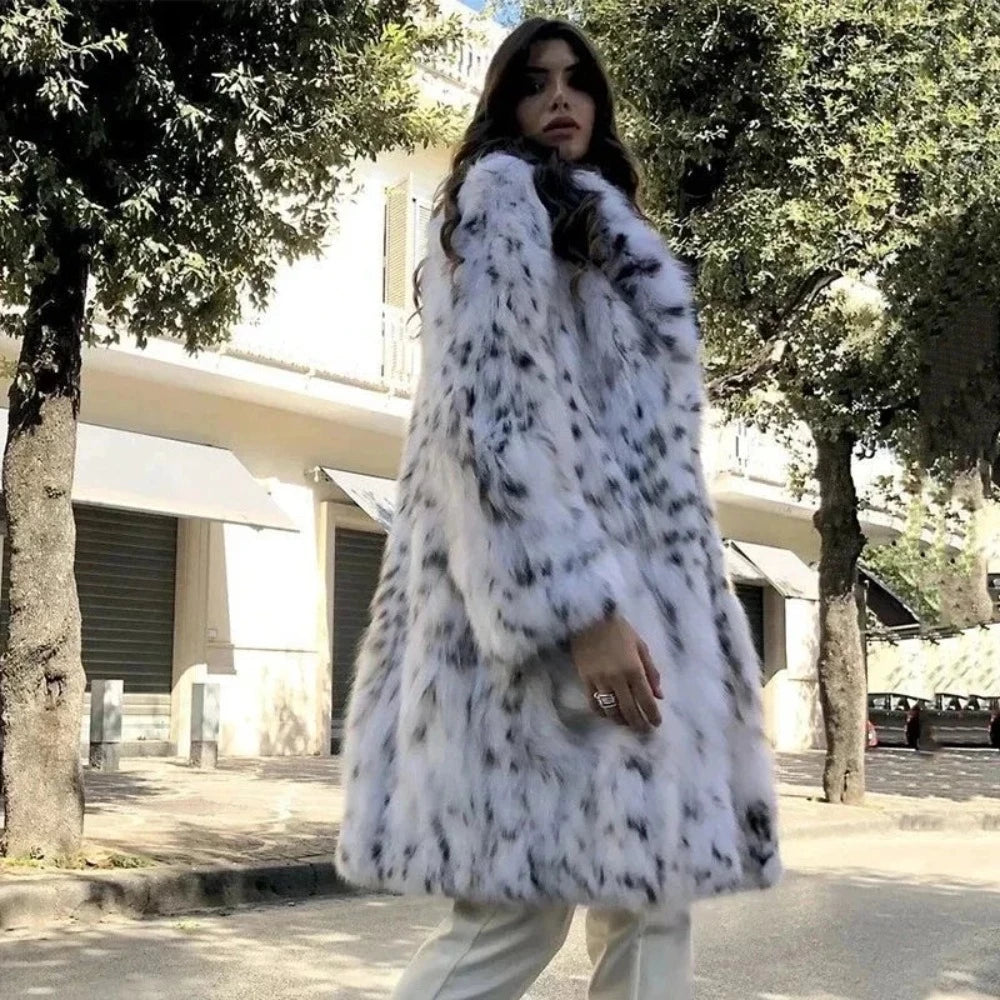 Snow Leopard Style Faux Fur Coat - Festigal