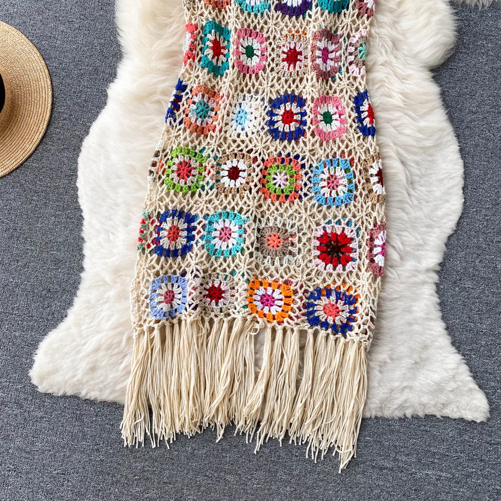 Crochet Granny Square Tassel Dress - Festigal