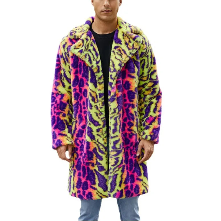 Men's Neon Leopard Print Faux Fur Coat - Festigal