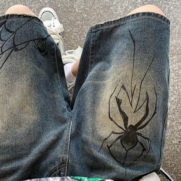 Spider Cobweb Denim Shorts - Festigal