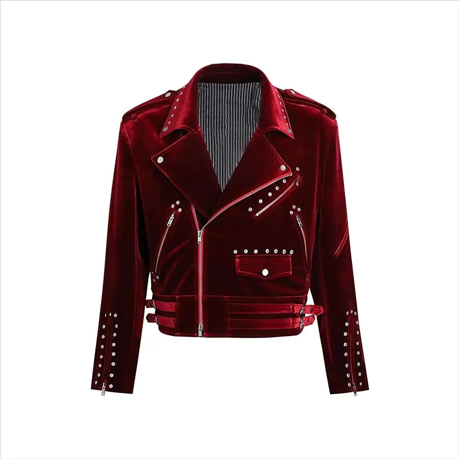 Men's Red Velvet Biker Jacket - Festigal