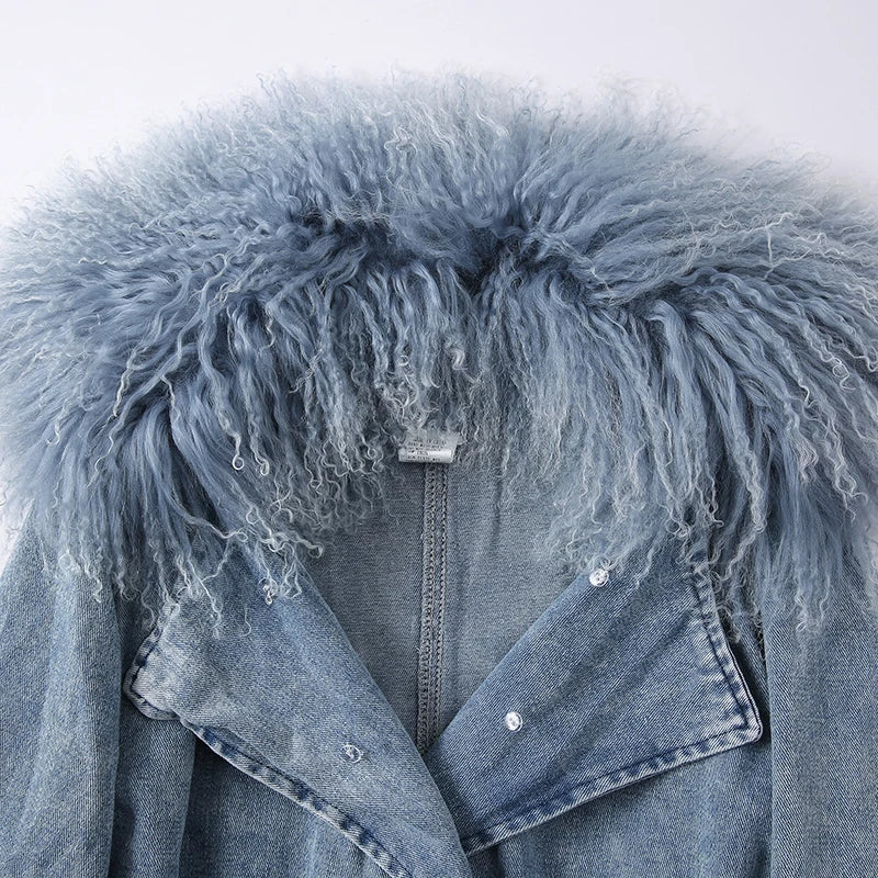 Mongolian Fur Collar Denim Trench Coat