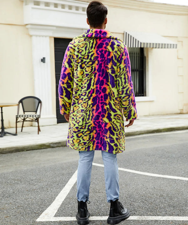 Men's Neon Leopard Print Faux Fur Coat