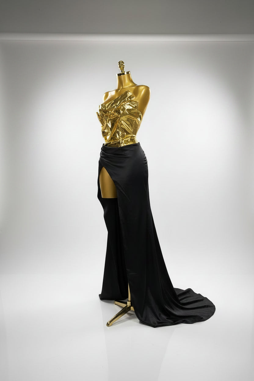 Liquid Gold & Black Satin Maxi Dress