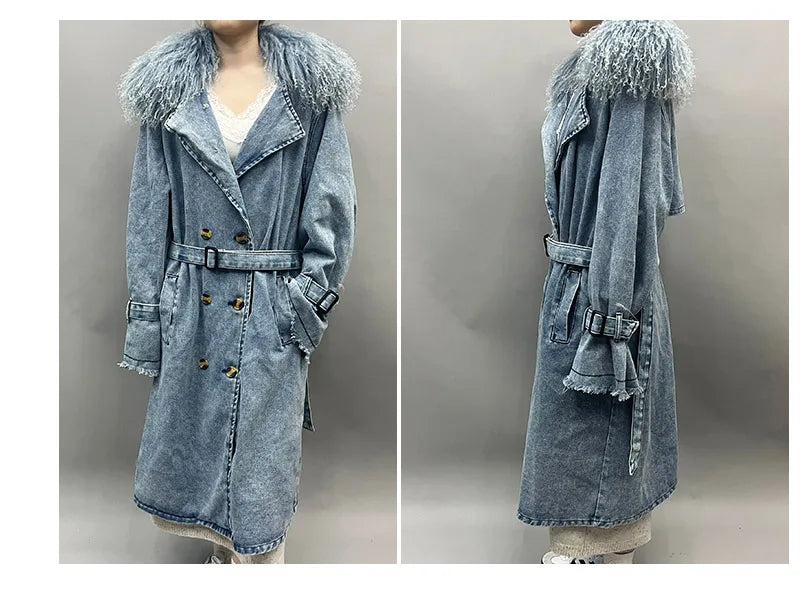 Mongolian Fur Collar Denim Trench Coat