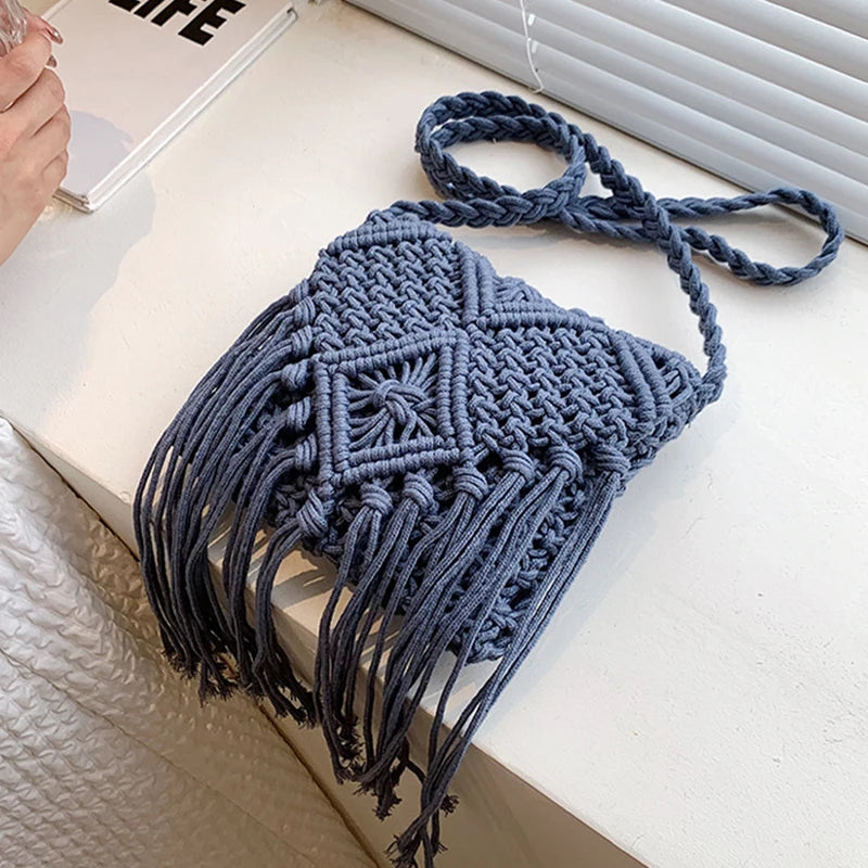 Fringed Woven Crochet Crossbody Bag