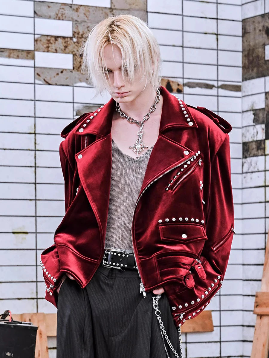 Men's Red Velvet Biker Jacket - Festigal