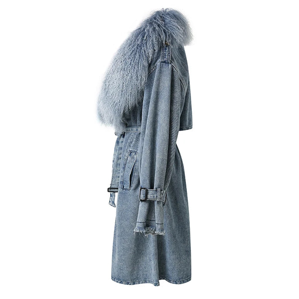 Mongolian Fur Collar Denim Trench Coat