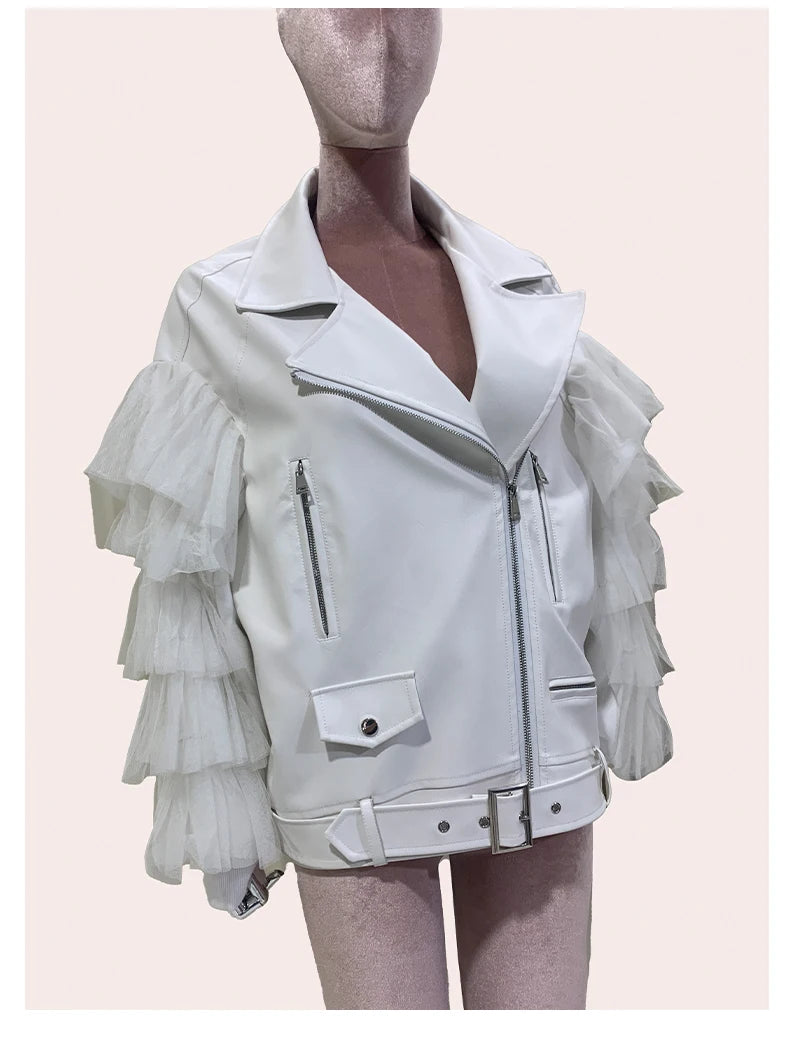 Faux Leather Ruffle Sleeve Jacket - Festigal