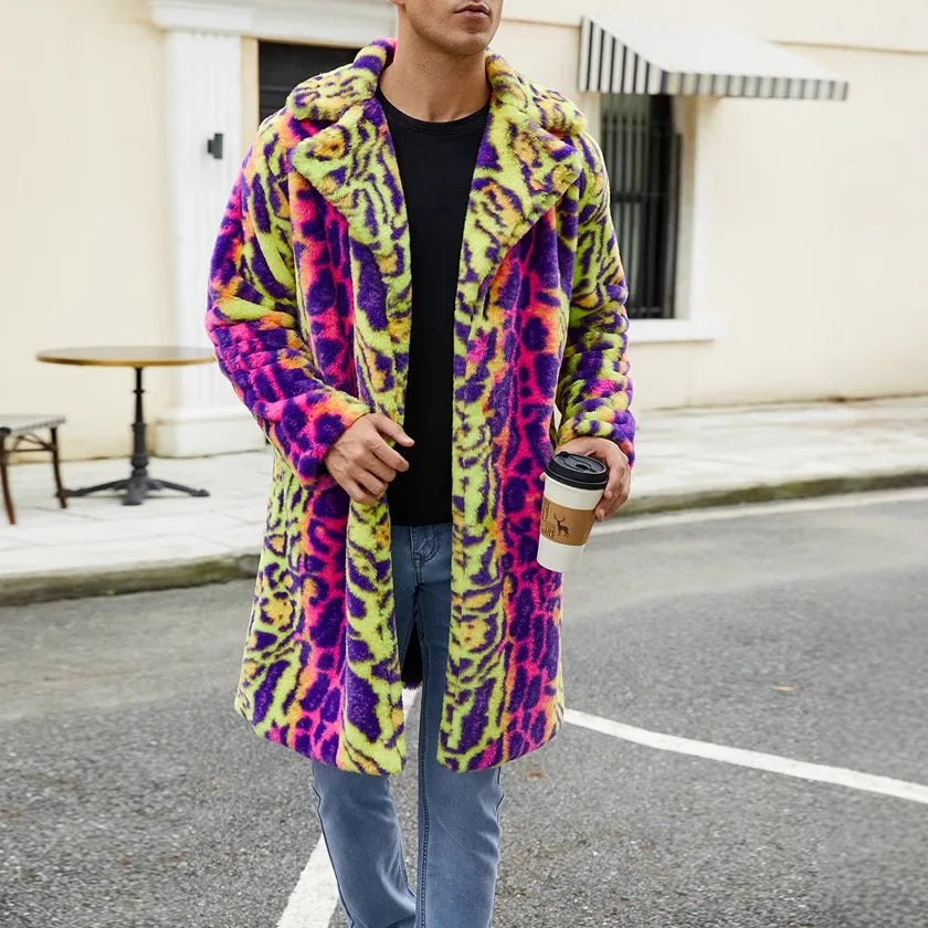 Men's Neon Leopard Print Faux Fur Coat - Festigal