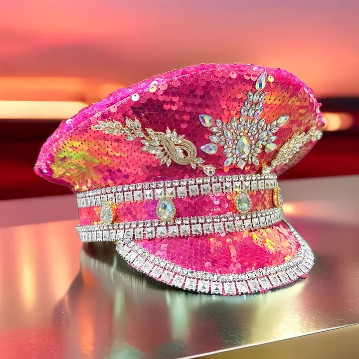 Pink Sequin Rhinestone Military Cap - Festigal