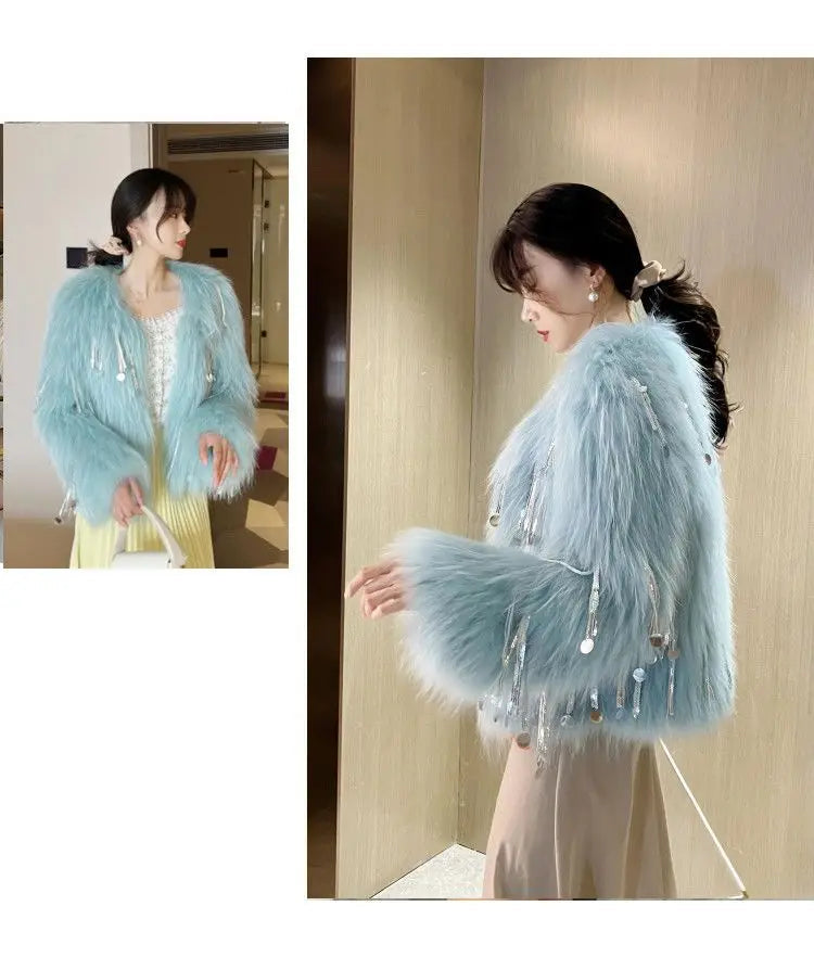 Women's Faux Fur Blue Sequin Tassel Jacket