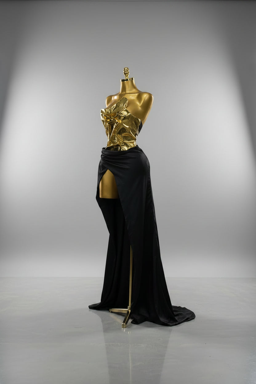 Liquid Gold & Black Satin Maxi Dress
