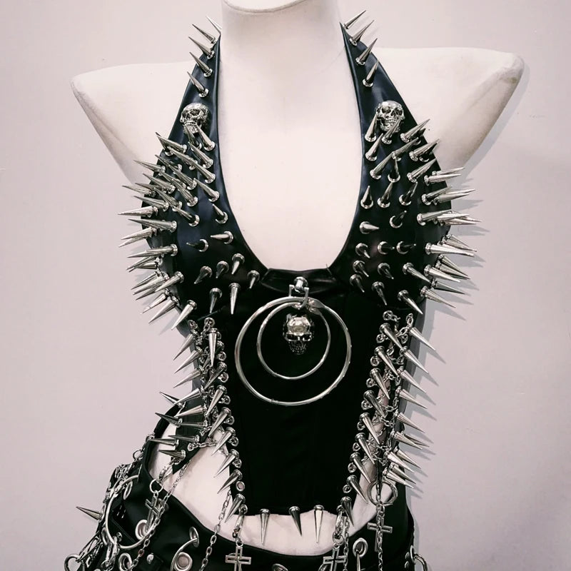 Faux Leather Spiked Halter Neck Top