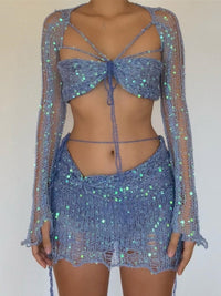 Distressed Knitted Sequin Three Piece Set - Festigal
