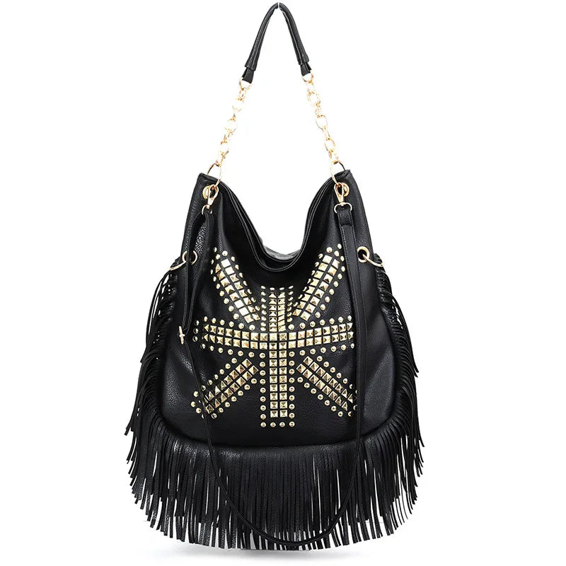 Black Studded Tassel Shoulder Bag