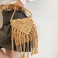 Fringed Woven Crochet Crossbody Bag