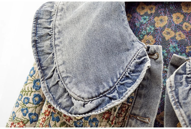 Oversized Collar Floral Denim Jacket - Festigal