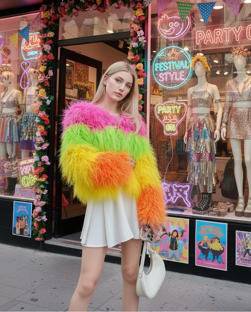 Rainbow Striped Shaggy Faux Fur Coat