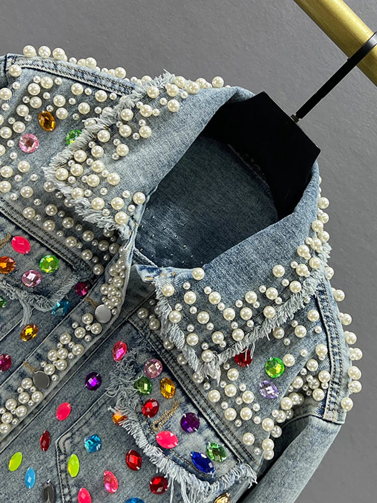 Pearl Gem Embellished Denim Jacket