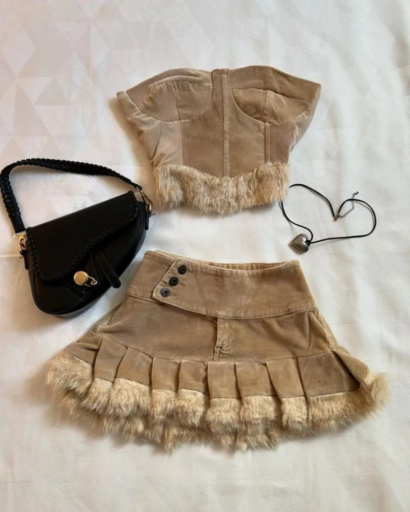 Tan Corduroy Fur Trim Top and Skirt Set