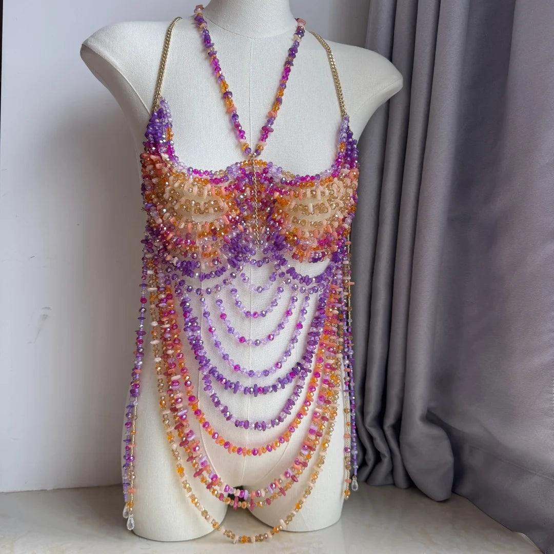 Beaded Tassel Chain Halter Neck Top