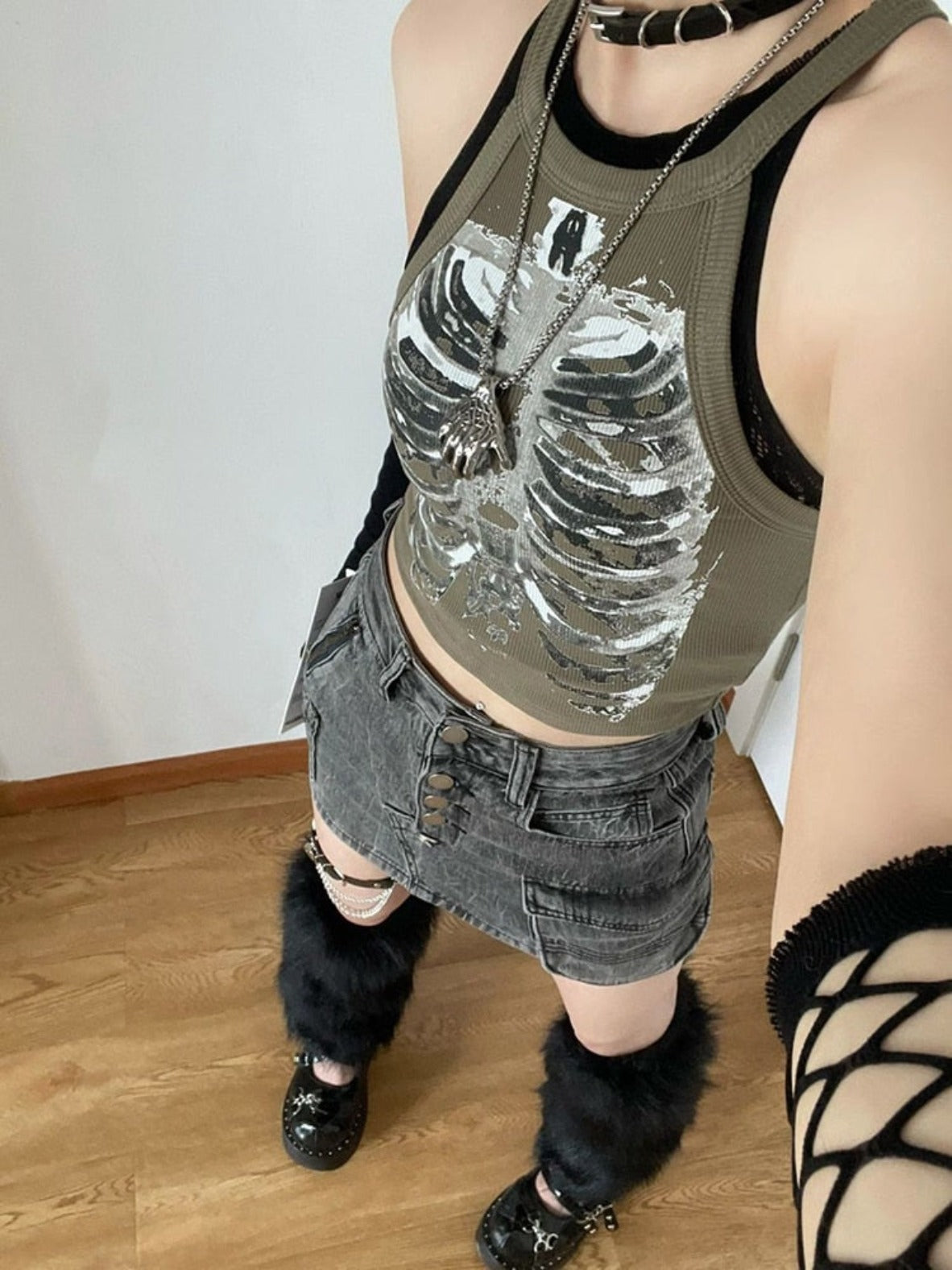 Punk Aesthetic Skeleton Print Sleeveless Vest - Festigal