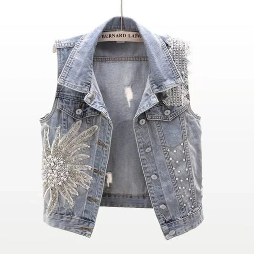 Embroidered Pearly Beaded Denim Vest - Festigal