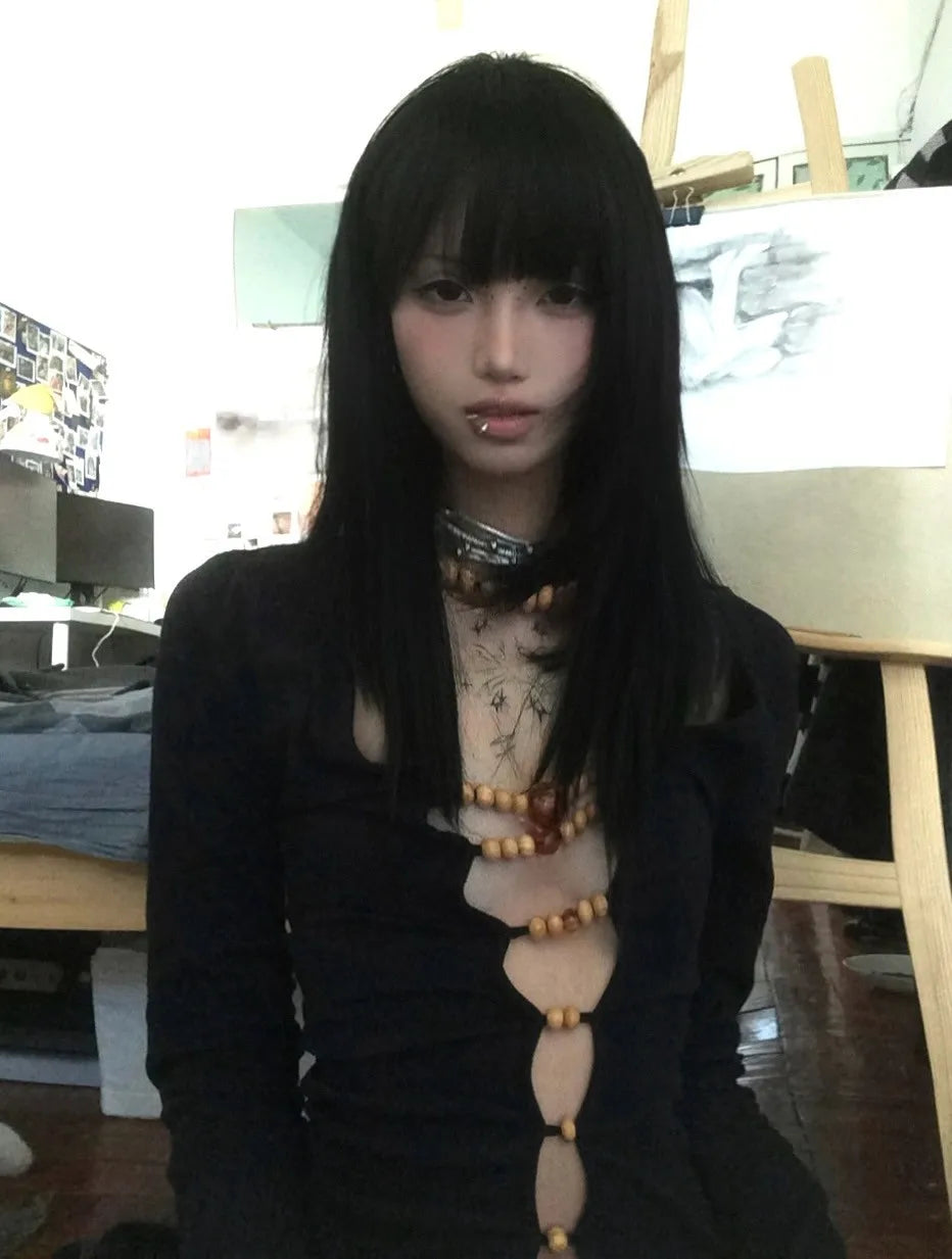 Beaded Hollow Out Long Sleeve Top - Festigal