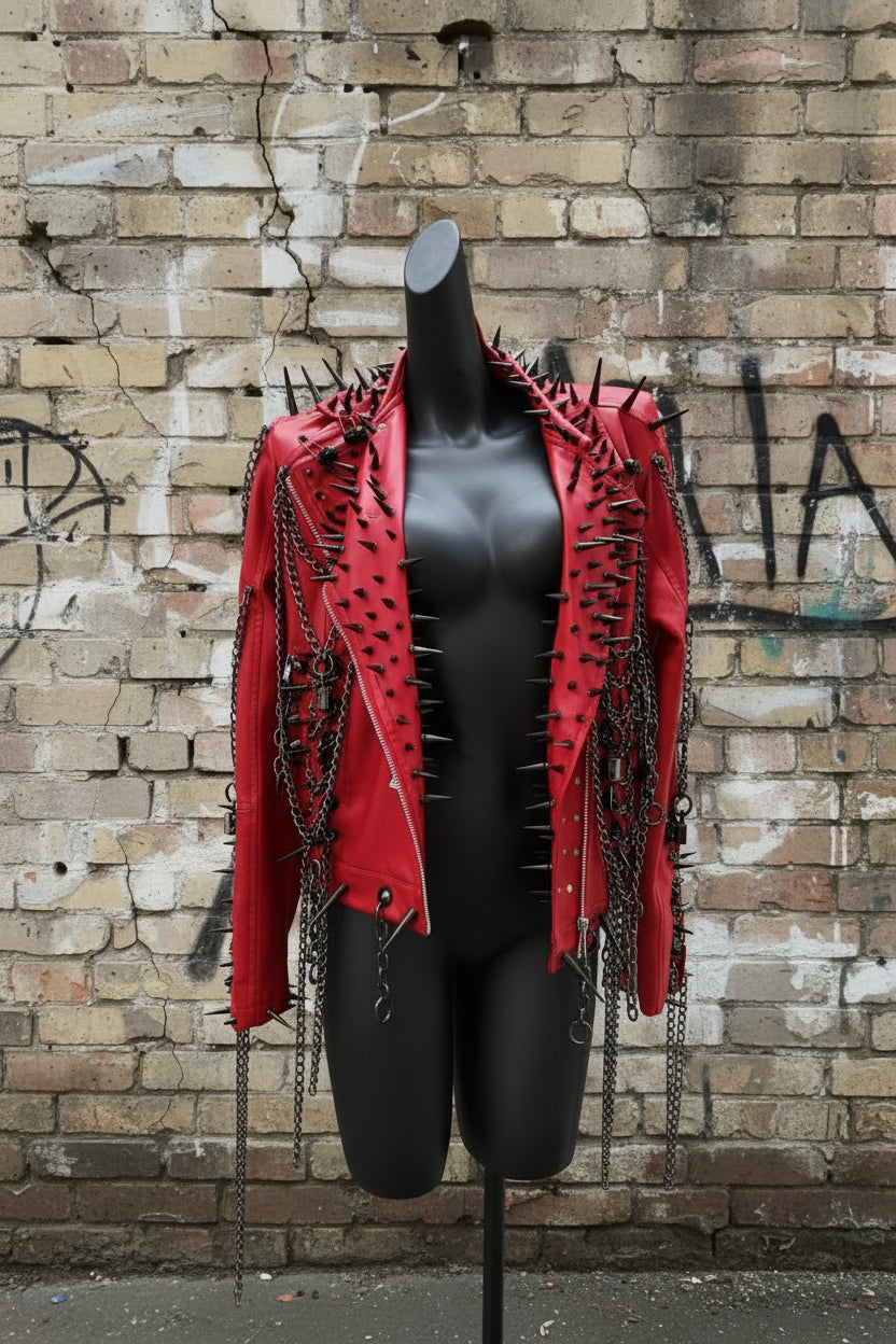 Red Faux Leather Spiked Jacket