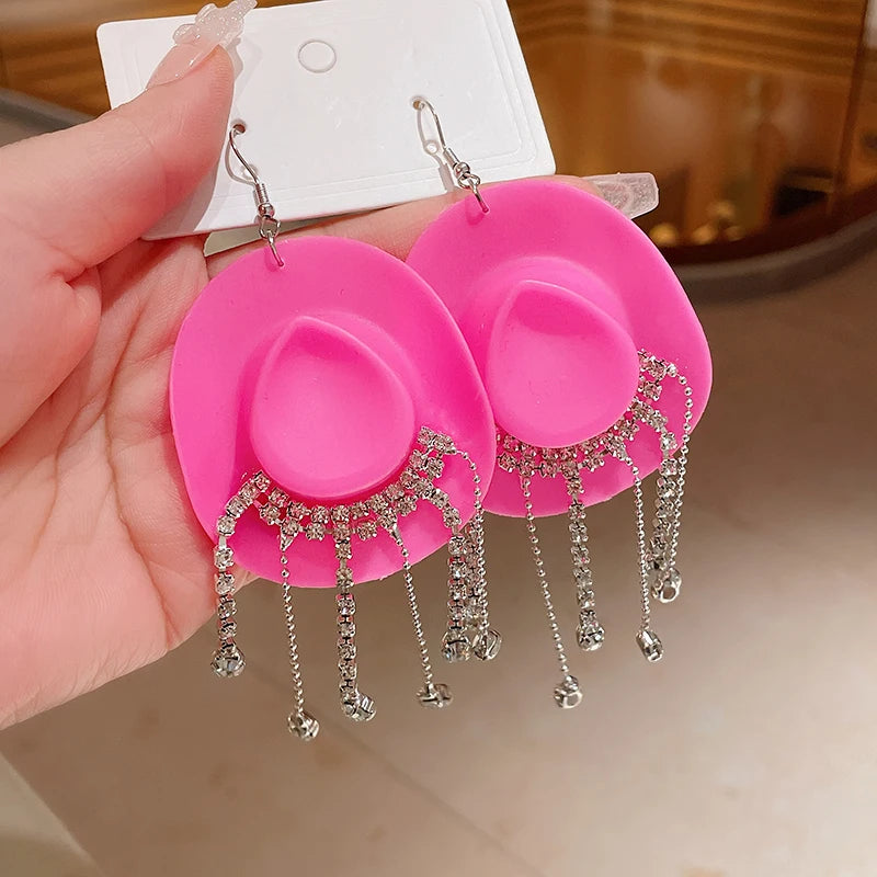 Rhinestone Cowgirl Hat Tassel Earrings