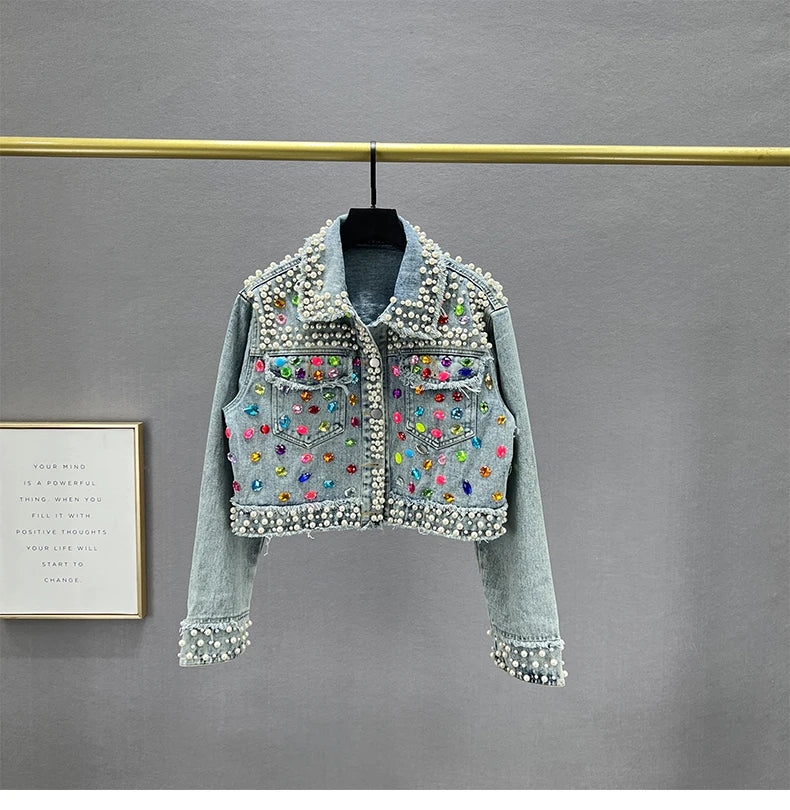 Pearl Gem Embellished Denim Jacket