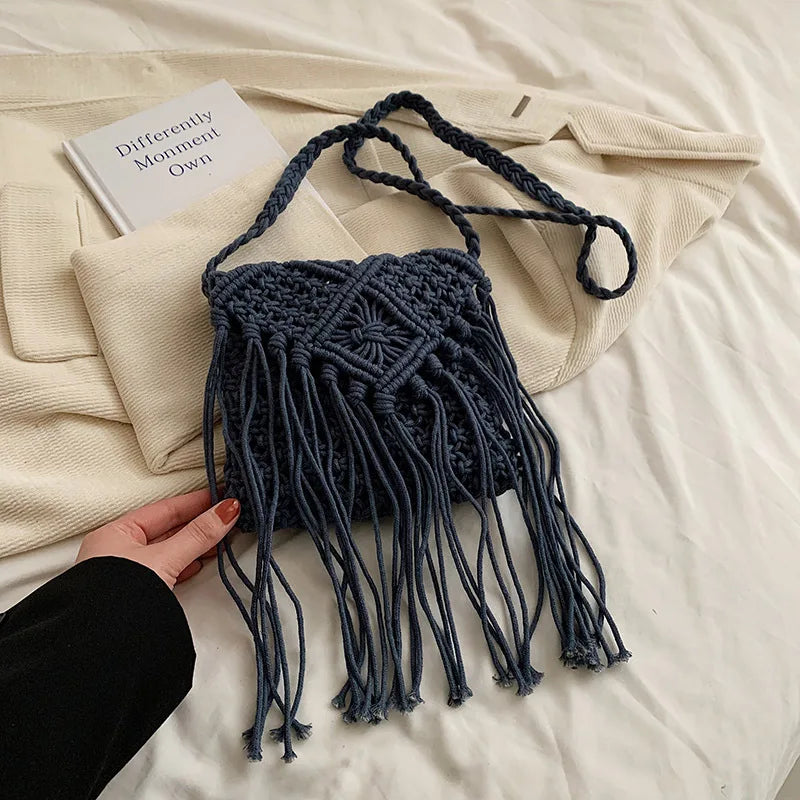 Fringed Woven Crochet Crossbody Bag - Festigal