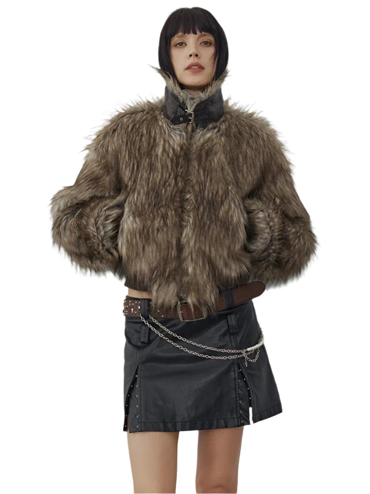 Brown Shaggy Faux Fur Coat - Festigal