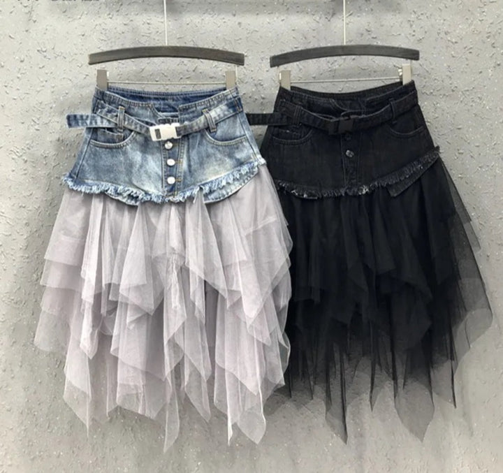 Asymmetrical Denim Jeans Tulle Skirt - Festigal
