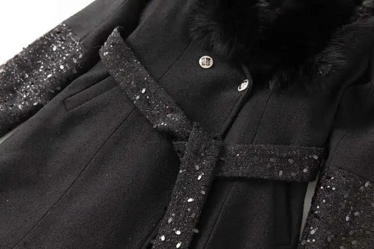Long Sequin Fur Black Coat - Festigal