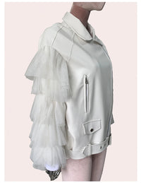 Faux Leather Ruffle Sleeve Jacket