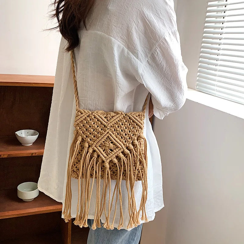 Fringed Woven Crochet Crossbody Bag - Festigal