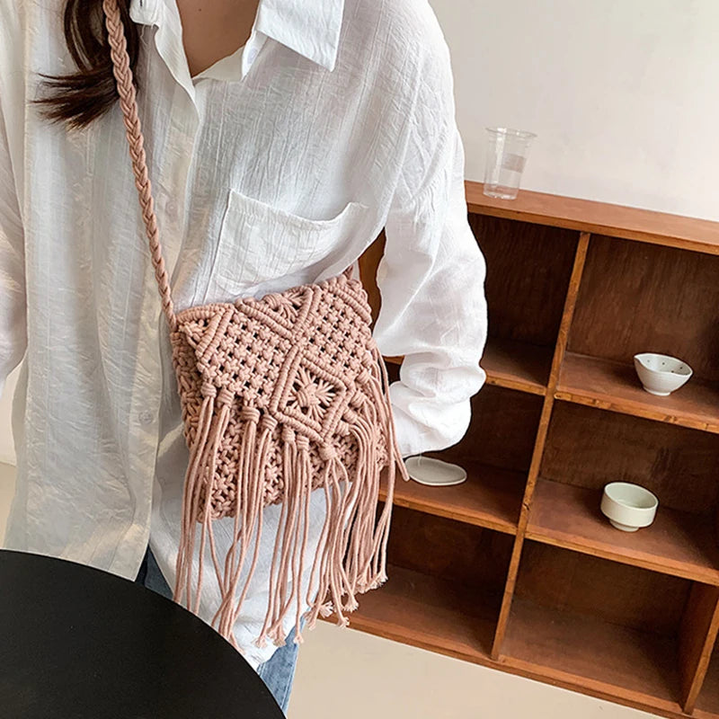 Fringed Woven Crochet Crossbody Bag - Festigal