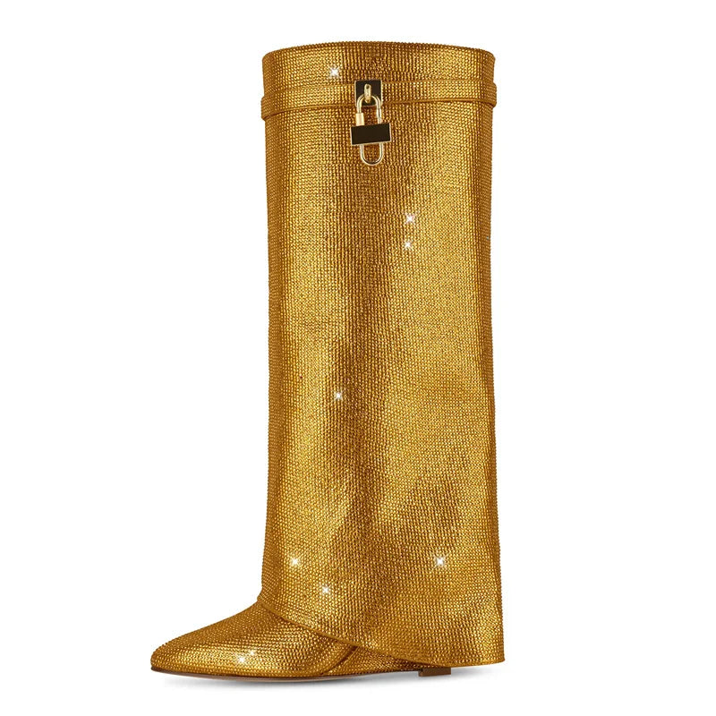 Rhinestone Knee High Wedge Boots