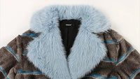 Grey and Blue Striped Faux Fur Coat