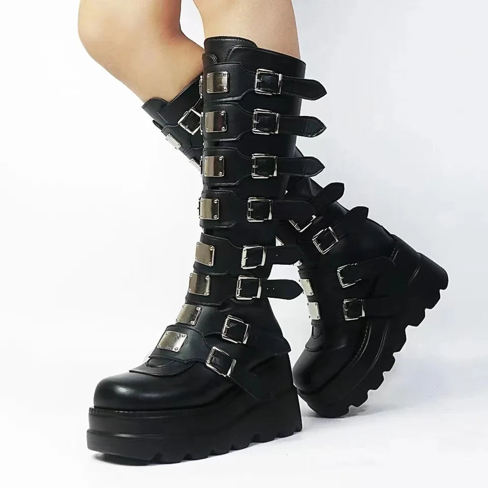 Buckles Galore Knee High Wedges - Festigal