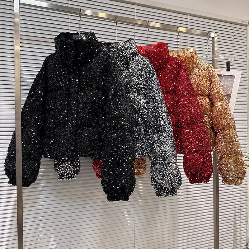 Sequin Puffer Bomber Jacket