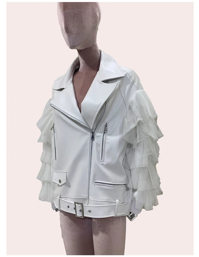 Faux Leather Ruffle Sleeve Jacket - Festigal