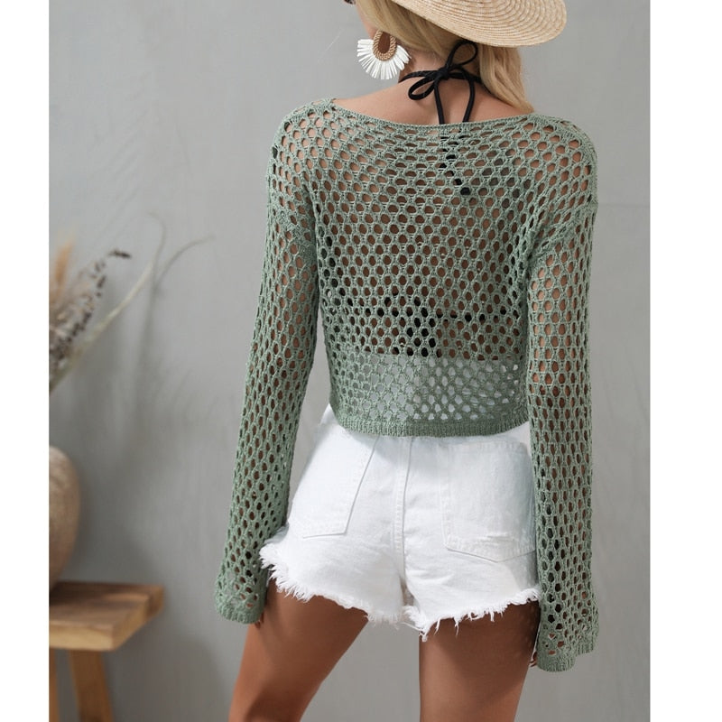 Dramatic Mesh Flare Sleeve Crop Top Pullover - Festigal