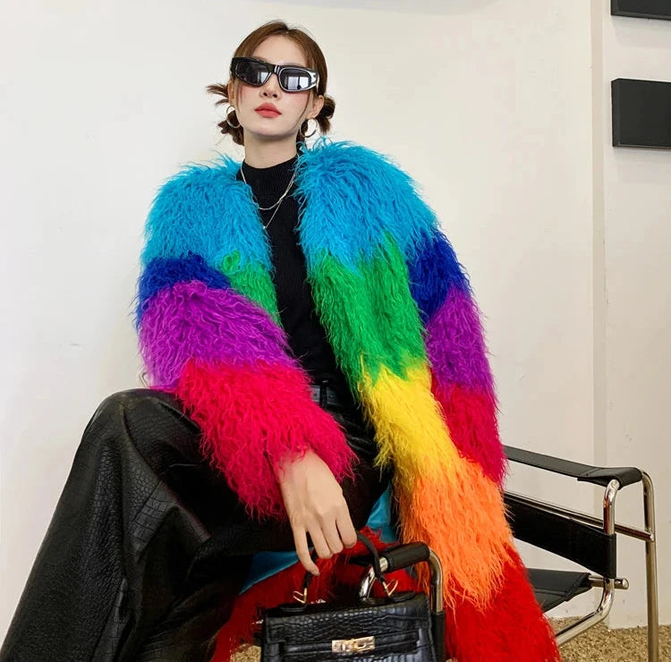 Rainbow Striped Faux Fur Coat - Festigal
