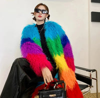 Rainbow Striped Faux Fur Coat